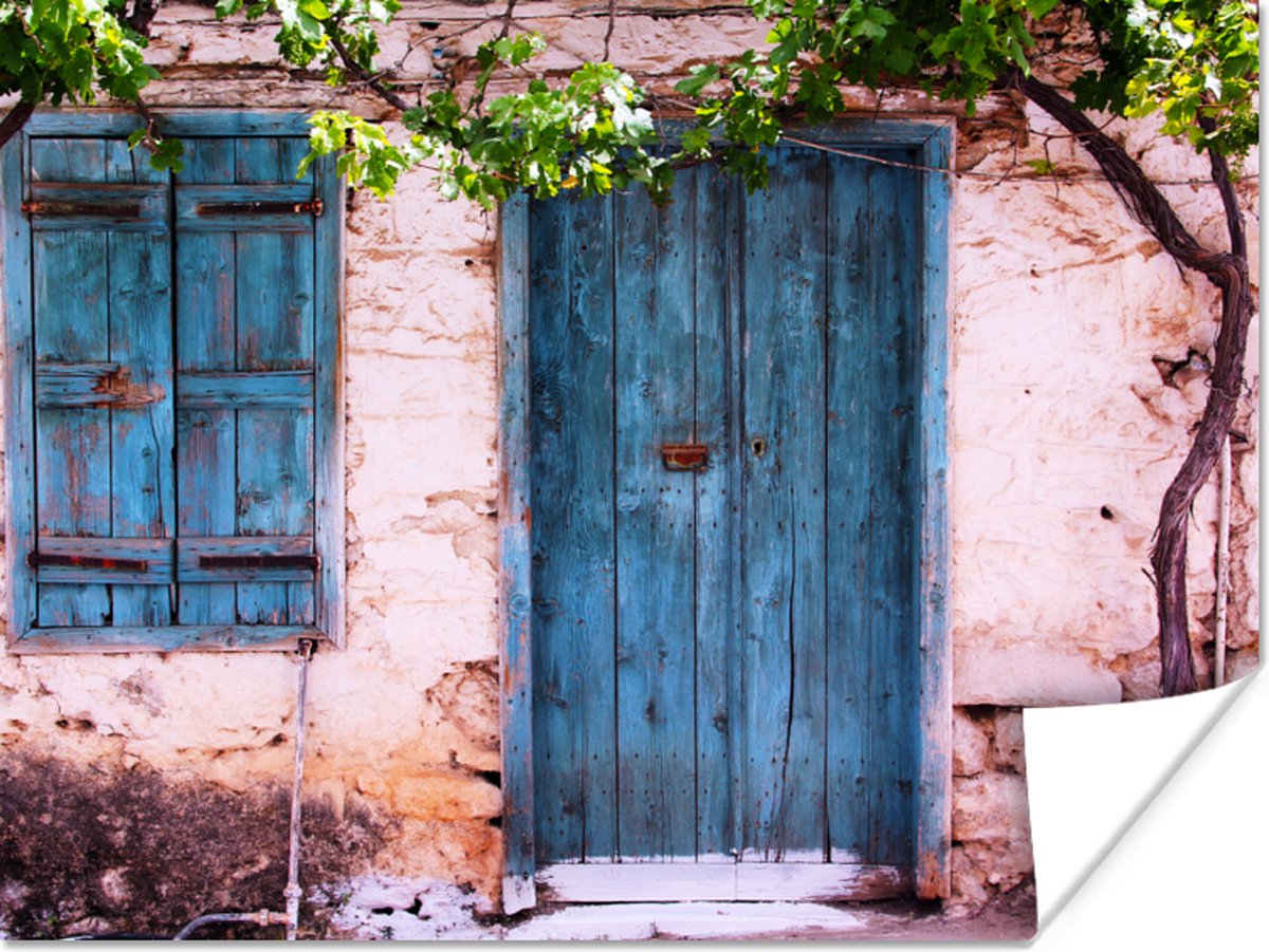 Vintage - Deur - Huis - Blauw - Boom