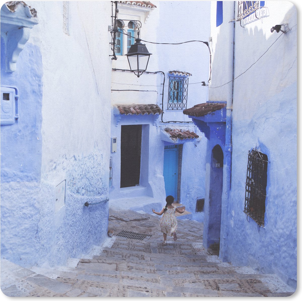 Muismat 20x20 cm - Mousepad Straat - Blauw - Deuren - Huizen - Muismatten