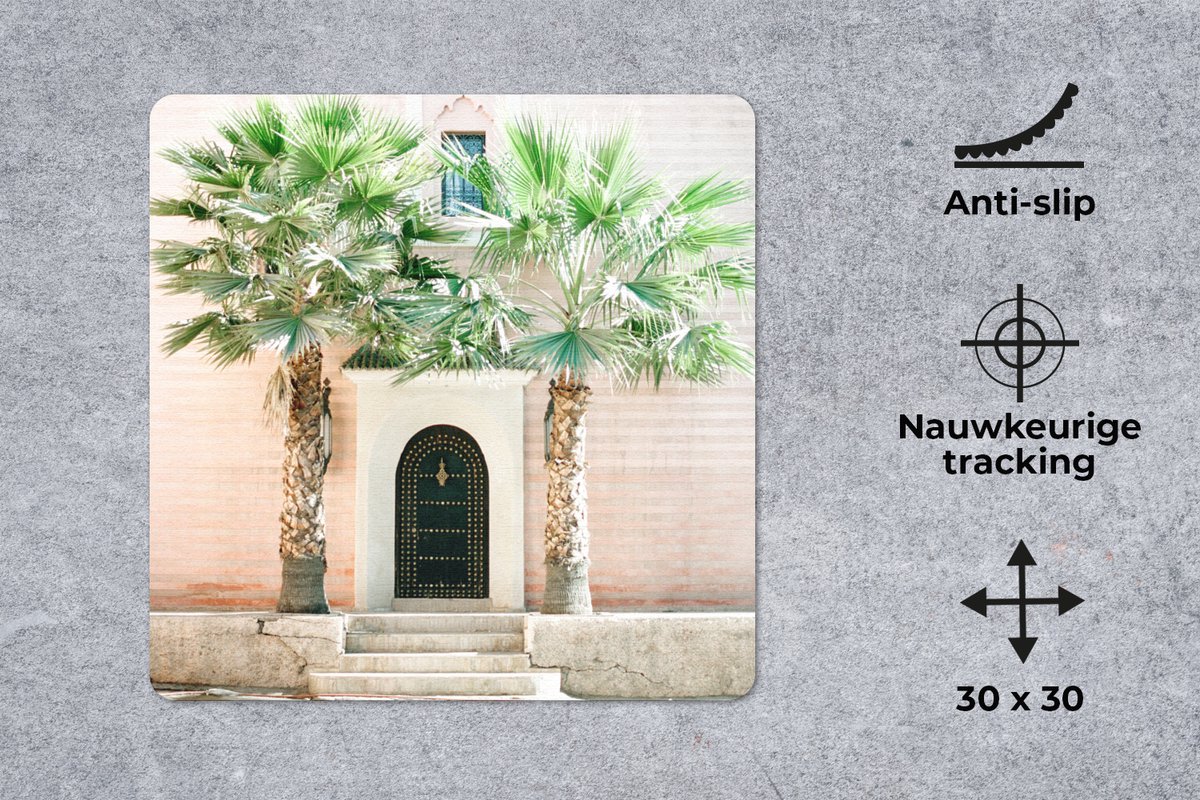 Muismat 30x30 cm - Mousepad Deur - Marrakesh - Palmboom - Wit - Tropisch - Muismatten