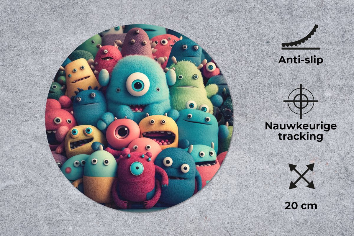 Muismat rond 20x20 cm - Mousepad Kids - Monster - Regenboog - Design - Meiden - Jongens - Ronde muismatten