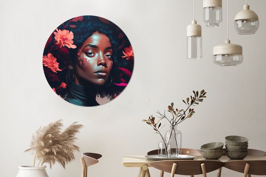 WallCircle - Wandcirkel - Muurcirkel - Bloemen - Vrouw - Portret - Illustratie - Aluminium - Dibond - ⌀ 90 cm - Binnen en Buiten
