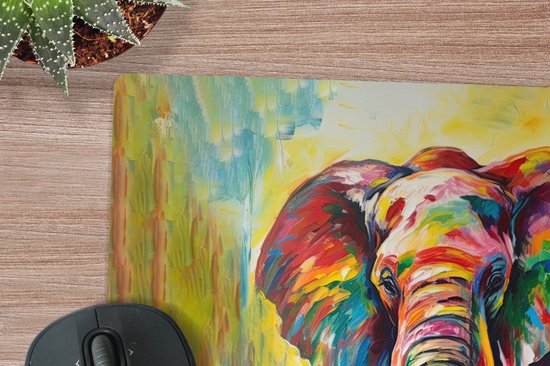 Muismat XXL 80x80 cm - Bureau onderlegger - Bureau mat Olifant - Kunst - Schilderij - Dieren - Regenboog - Bureaumat - Gaming mousepad xl - Bureaulegger groot - Computer deskmat