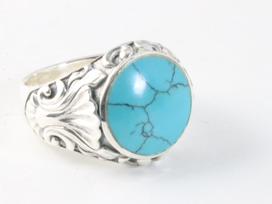 Zware bewerkte zilveren ring met blauwe turkoois - maat 19.5