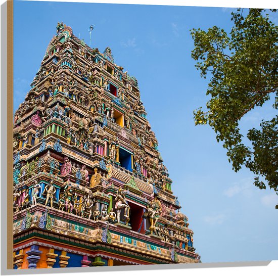 Hout - Traditionele Kidangamparambu Sree Bhuvaneswari Tempel Vol met Kleurrijke Beelden - 80x80 cm - 9 mm dik - Foto op Hout (Met Ophangsysteem)