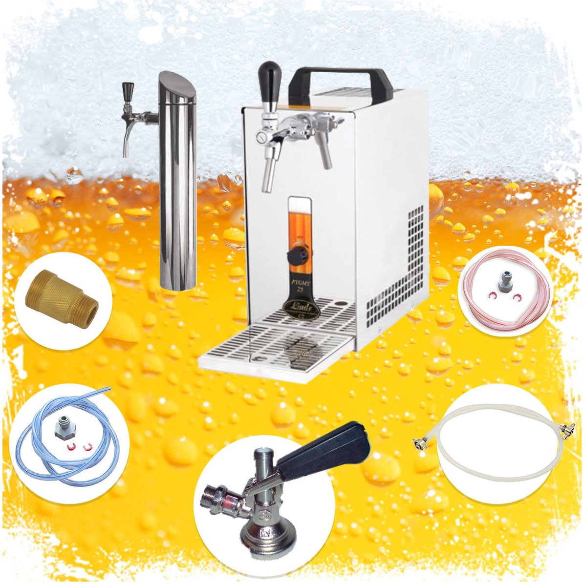 Complete set - Biertap PYGMY 25/K met membraanpomp, 1-kraans roestvrijstalen droogkoeler, 35 liter/u, Biertap, Beertender, Thuistap, Bierkoeler .