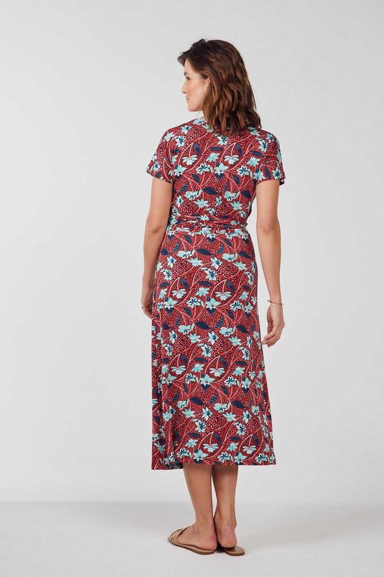 DIDI Dames Wrap dress Queen in Poppy Red with Lots of Leaves print maat