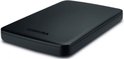 Zwarte Toshiba Canvio Basics externe harde schijf, 2TB, liggend op een reflecterend oppervlak.