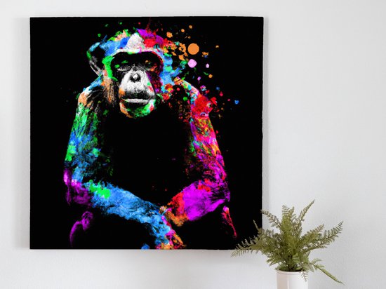 Vibrant rainbow chimpanzee | Vibrant Rainbow Chimpanzee | Kunst - 30x30 centimeter op Canvas | Foto op Canvas