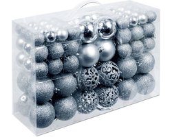 Christmas Gifts Kerstballen Set Zilver - 100 Kunststof Kerstballen - Verschillende Afwerkingen - Ø 3/4/6 cm