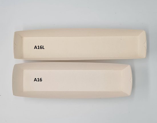 25x plateau en carton A16 - plateau frikandel - plateau snack - snack - plateau de service - karton blanc - écologique - durable - emballage - frikandel - rouleau de printemps