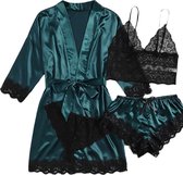 Xd Xtreme - 4-delig - Nachtkledingset groen L - nachtkleding - kimono - nachtjapon - badjas - ochtendjas - satijn - lingerie set - bodysuit - sexy - pyjama