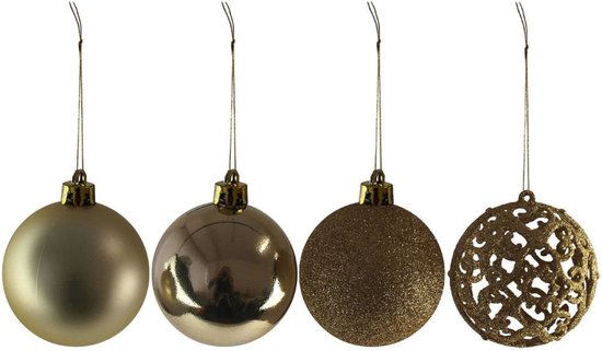 Vier gouden kerstballen: mat, glanzend, glitter en opengewerkt.