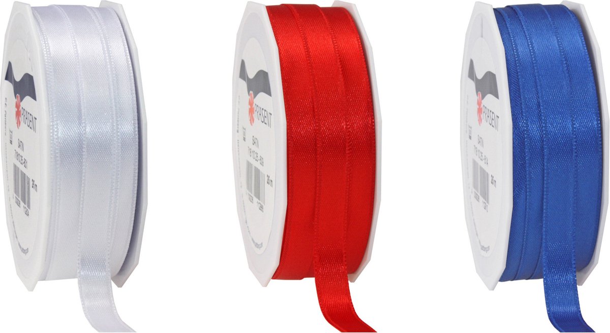 Glorex hobby - Satijn cadeau inpak deco sierlint - rood/wit/blauw - 25 meter x 1 cm - Vlag Nederland