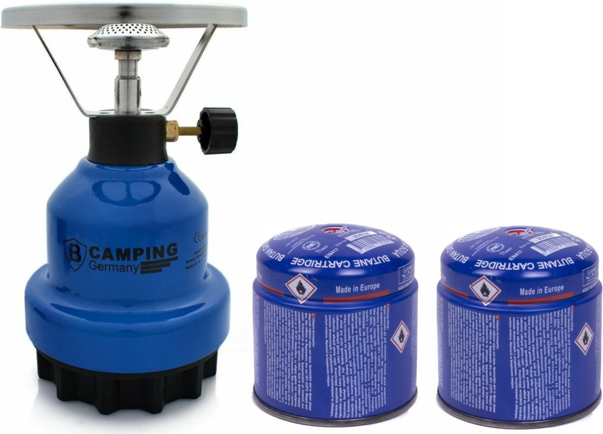 Camping kookstel - metaal - blauw - incl. 2x gas navulling priktank - 190 gram