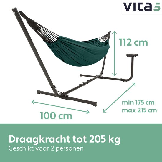 Vita5 Hangmat met Standaard 2 Persoons - Donkergroen - Draaggewicht 205 kg - Verstelbare Lengte - Incl. Draagtas - Vita5