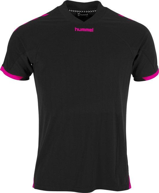Zwart sportshirt voor kinderen met roze accenten op de schouders, mouwen en zoom.
