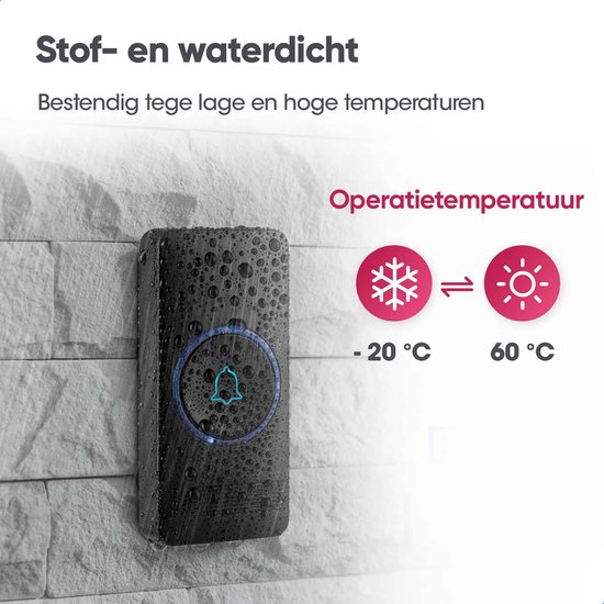 AVANTEK Draadloze deurbel met 2 ontvangers - Zwart - Bereik 400 meter - Waterdicht - Zonder batterijen - 52 melodieën