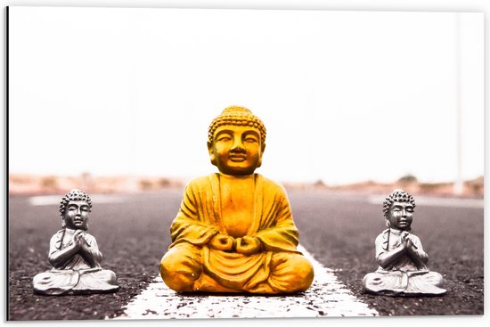 Dibond - Gouden en Zilveren Miniatuur Buddha_s op Asfalt weg - 60x40 cm Foto op Aluminium (Met Ophangsysteem)