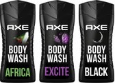 Axe Africa + Black + Excite Douchegel - 3 x 250 ml - Voordeelverpakking