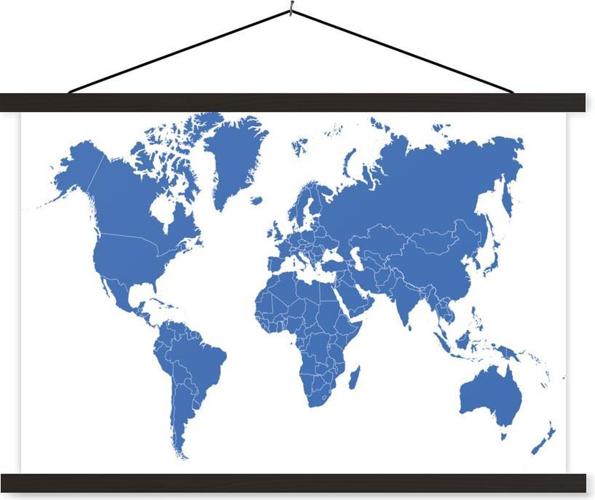 Posterhanger incl. Poster 120x80 cm - Schoolplaat - Wereldkaart - Blauw - Minimalisme - Textielposter - Zwarte latten