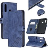 Voor Samsung Galaxy A10s Stiksels Stijl 2-Kleur Koe Textuur Horizontale Flip PU Lederen Case met Houder & Kaartsleuf & Lanyard (Blauw)