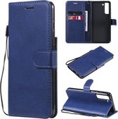 Voor Samsung Galaxy S21 FE Effen Kleur Horizontale Flip Beschermende Lederen Case met Houder & Kaartsleuven & Portemonnee & Fotolijst & Lanyard (Blauw)