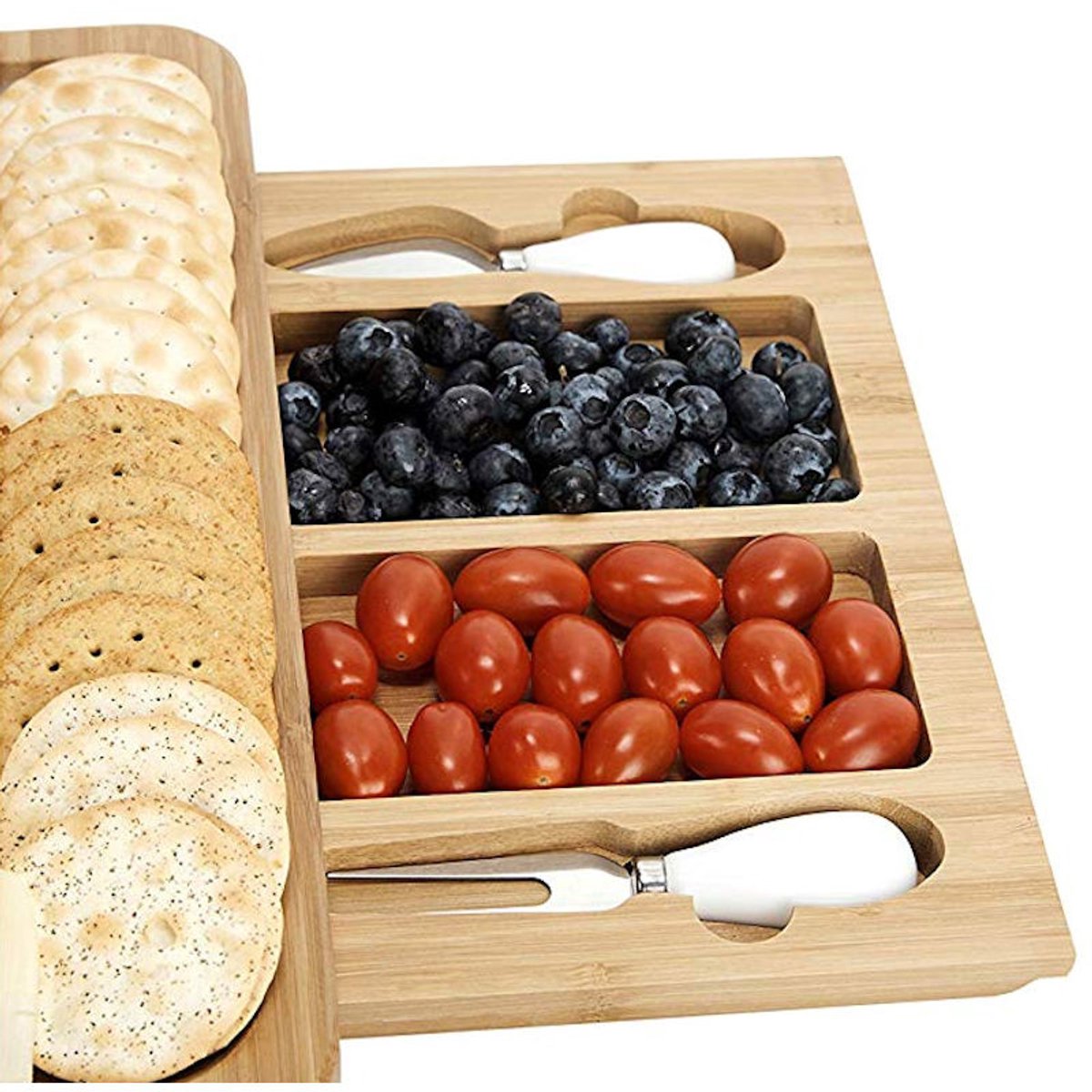 Kaasplank - Bamboe hout - met 2 Lades & 4x Kaas messen — cadeau in Kookcadeaus - foto 4