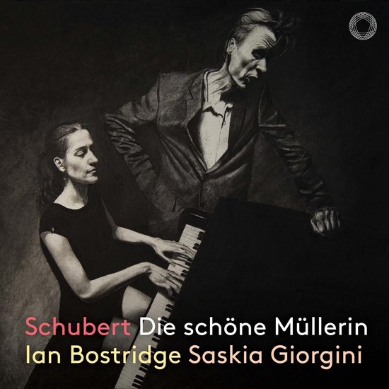 Illustratie van een vrouw aan een piano en een man die over de piano leunt. Tekst: Schubert Die schöne Müllerin Ian Bostridge Saskia Giorgini.