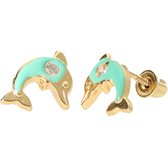 La Rosa Princesa Turquoise Dolfijn Oorbellen Zirkonia Schroefsluiting -14kt Goud