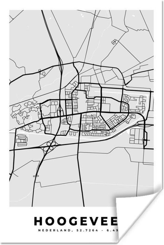 Poster Stadskaart - Hoogeveen - Grijs - Wit - 20x30 cm - Plattegrond