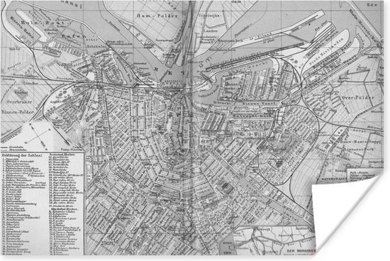 Un plan historique de la ville d' Amsterdam en noir et blanc Poster - Carte 180x120 cm - Tirage photo sur Poster (décoration murale salon / chambre) / Affiche villes européennes XXL / Groot format!