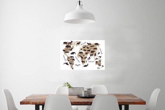 Décoration murale - Wereldkaart - Marron - Animaux - 90x60 cm - Affiche