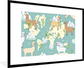 Fotolijst incl. Poster - Wereldkaart - Alpaca - Bergen - 90x60 cm - Posterlijst