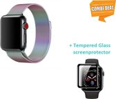 Band geschikt voor Apple Watch - milanese  band - regenboog + glazen screen protector - Maat: 44mm