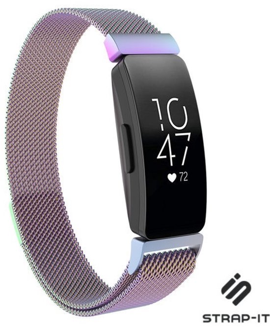 Montre connectée avec bracelet milanais arc-en-ciel et fermoir magnétique.