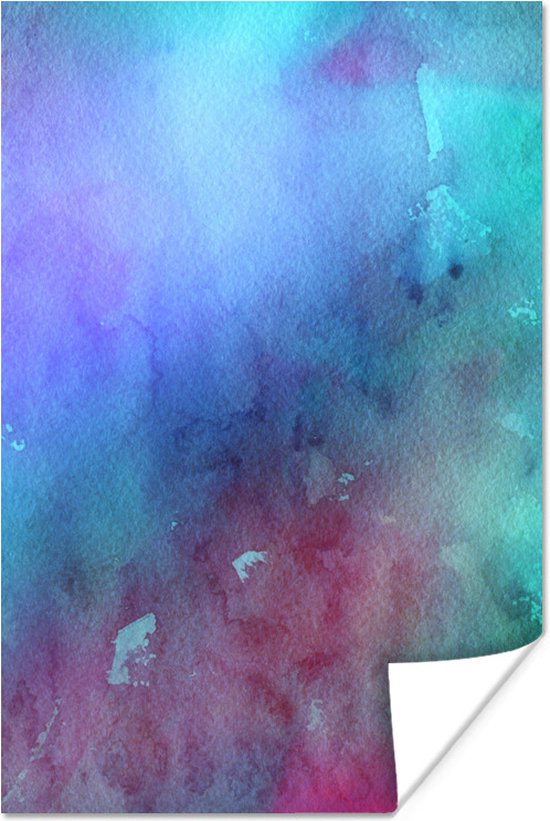 Oeuvre abstraite faite d'aquarelle et de bleu avec des couleurs vertes et violettes 40x60 cm