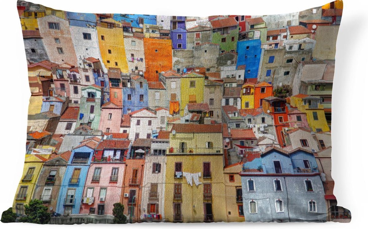 Sierkussens - Kussen - Close-up gekleurde huizen in Sardinië - 60x40 cm - Kussen van katoen - PillowMonkey