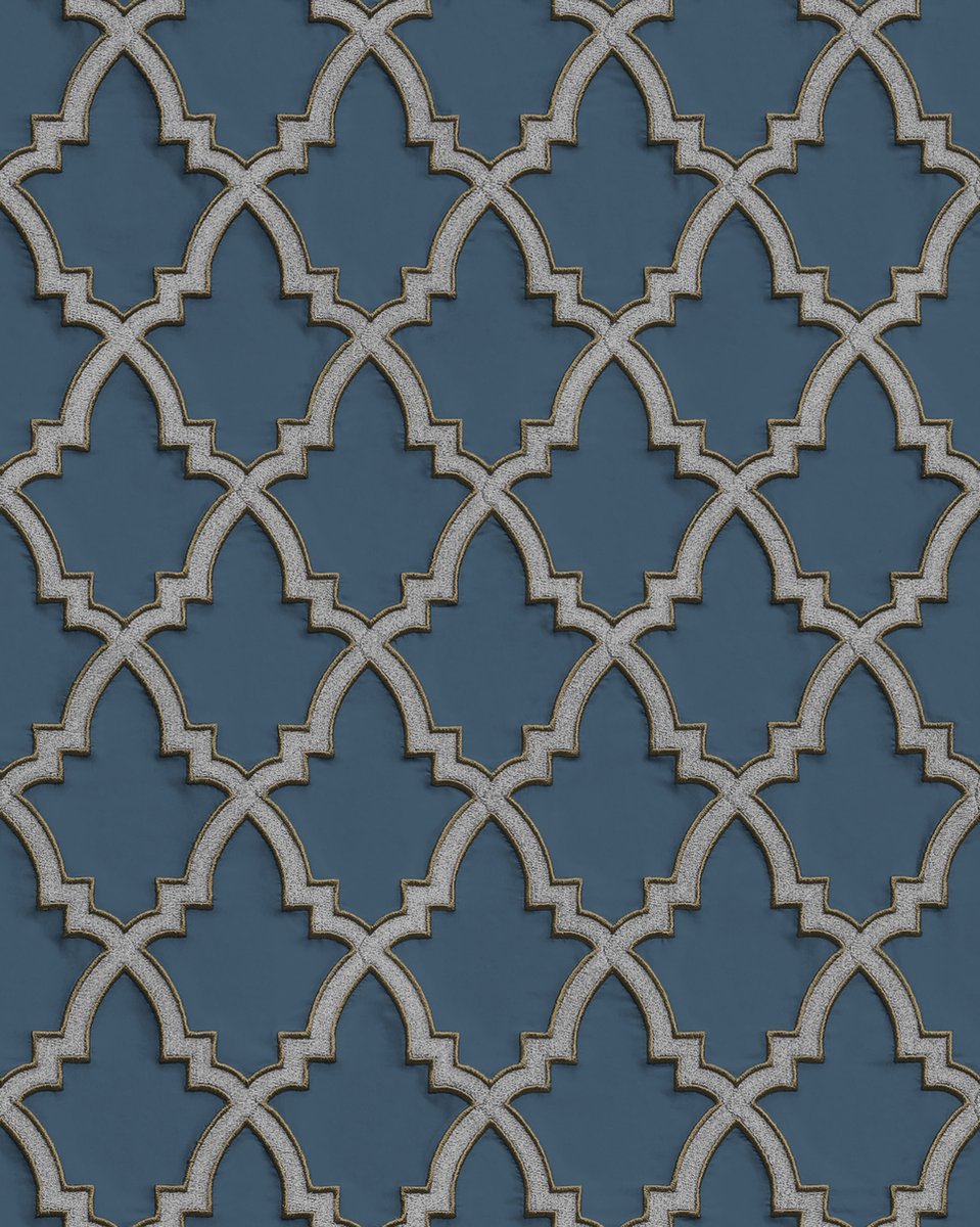 Etnisch behang Profhome DE120027-DI vliesbehang hardvinyl warmdruk in reliëf gestempeld met ornamenten en metalen accenten blauw blauwgrijs zilver 5,33 m2