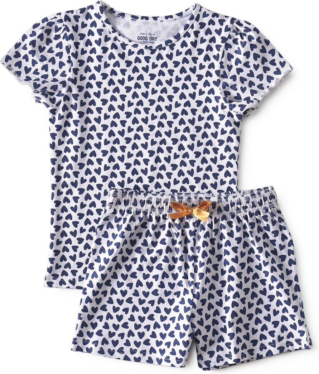 Little Label Pyjama Meisjes Maat 158-164 - Wit, Blauw - Zachte BIO Katoen - Shortama - 2-delige zomer pyama meisjes - Hartjesprint