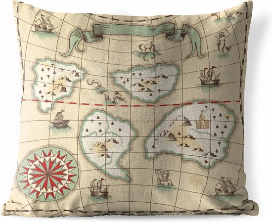 Coussins d'extérieur - Jardin - Illustration pour enfants d'une carte au trésor avec des créatures marines fantastiques - 50x50 cm