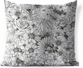 Buitenkussens - Tuin - Een zwart-wit illustratie van bloemdessin - 40x40 cm