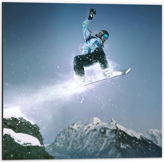 Dibond - Vliegende Snowboarder  - 50x50cm Foto op Aluminium (Met Ophangsysteem)