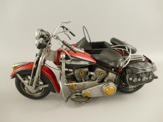 art en métal - moto antique avec side-car - rouge - 23 cm de haut