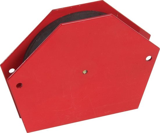 Rode magnetische hoeklasgeleider met een rubberen rol in het midden, met schroefgaten aan de zijkanten.