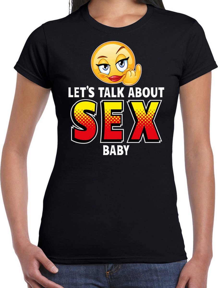 Funny emoticon t-shirt Lets talk about sex baby zwart voor dames - Fun / cadeau shirt XS