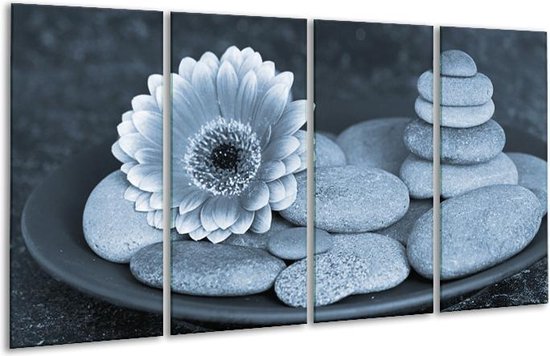 GroepArt - Glasschilderij - Bloem, Stenen - Blauw, Grijs - 160x80cm 4Luik - Foto Op Glas - Geen Acrylglas Schilderij - 6000+ Glasschilderijen Collectie - Wanddecoratie