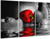 Glasschilderij Paprika - Rood, Grijs, Zwart - 120x80cm 3Luik - Foto Op Glas - Geen Acrylglas Schilderij - GroepArt 6000+ Glas Art Collectie - Maatwerk Mogelijk