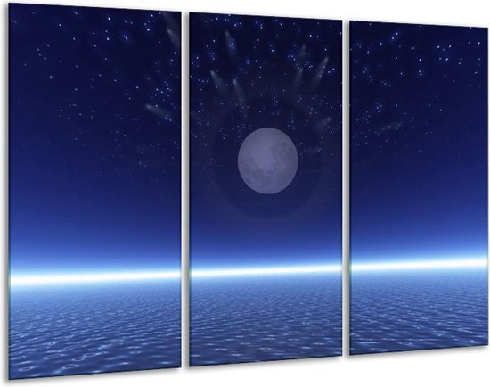 Glasschilderij Maan - Blauw, Wit, Grijs - 120x80cm 3Luik - Foto Op Glas - Geen Acrylglas Schilderij - GroepArt 6000+ Glas Art Collectie - Maatwerk Mogelijk