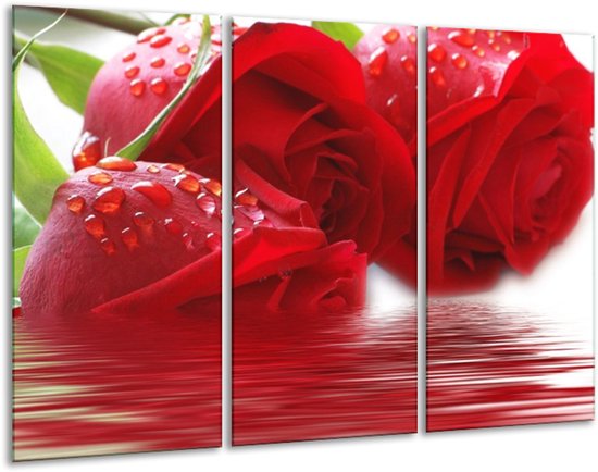 Glasschilderij Roos - Rood, Grijs, Wit - 120x80cm 3Luik - Foto Op Glas - Geen Acrylglas Schilderij - GroepArt 6000+ Glas Art Collectie - Maatwerk Mogelijk