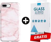 Backcover Marmerlook Hoesje iPhone 8 Plus Roze - Gratis Screen Protector - Telefoonhoesje - Smartphonehoesje